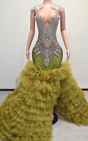 Mermaid prom gown with silver Art Deco crystal bodice, high slit, and tiered tulle ruffle skirt