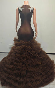 Mermaid prom gown with silver Art Deco crystal bodice, high slit, and tiered tulle ruffle skirt