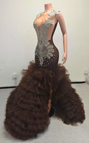 Mermaid prom gown with silver Art Deco crystal bodice, high slit, and tiered tulle ruffle skirt