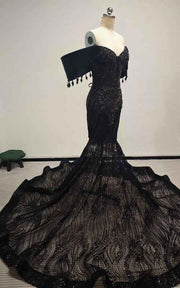 Midnight Noir Sequin Mermaid Gown With Dropped Tassel Sleeves And Cathedral Train