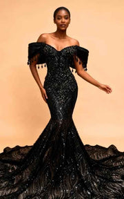 Midnight Noir Sequin Mermaid Gown With Dropped Tassel Sleeves And Cathedral Train