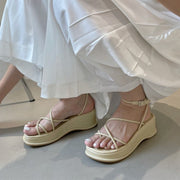 Sandals Women Summer 2022 Square Toe Pu Leather Platform Wedges Ladies Shoes Causal Rome Gladiator Female Sandal Woman Sandals