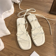Women Summer Sandals Square Toe Pu Leather Ankle Strap Ladies Flat Beach Shoes 2022 Fashion Rome Cross-Tie Female Sandal