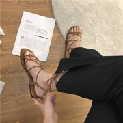 Women Summer Sandals Square Toe Pu Leather Ankle Strap Ladies Flat Beach Shoes 2022 Fashion Rome Cross-Tie Female Sandal