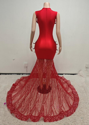 Carmen Red Sparkly Mermaid Sheer Prom Dress-Ready to Ship