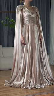 2025 Nude Beaded Satin A-Line Evening Dress with Cape