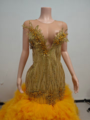 Envious Designs gold sequin crystal beading mermaid prom dress with ruffles for prom and formal evening styling