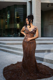 Brown sparkling crystal beading mermaid prom dress floor-length elegant gown.