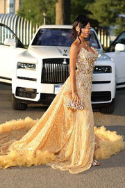 Luxurious Gold Crystal Sweetheart Sequin Prom Dress With Detachable Train