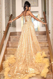 Luxurious Gold Crystal Sweetheart Sequin Prom Dress With Detachable Train