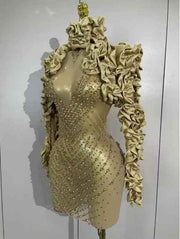 Nouvelle robe courte à manches longues à volants en strass dorés scintillants 2026, robe transparente, soirée d'anniversaire, soirée sexy, costume de scène de boîte de nuit