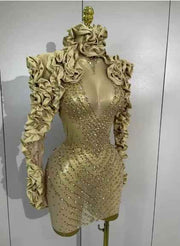 Nouvelle robe courte à manches longues à volants en strass dorés scintillants 2026, robe transparente, soirée d'anniversaire, soirée sexy, costume de scène de boîte de nuit
