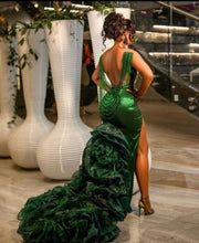 Luxury Green Mermaid  Prom Dress Sheer O Neck Long Beaded Crystal Ruffles Birthday Party Gowns 2023