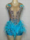 Shinny Crystal Beaded Blue Feathers Birthday Dress