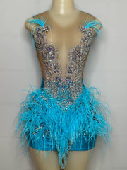 Shinny Blue Feathers Prom Dresses Tassel Birthday Gowns Crystal Beaded Formal Party Dress Movie Outfit Robe De Soiree