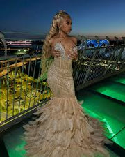 Sheath Dazzling Crystals Feathered Mermaid Prom Dress