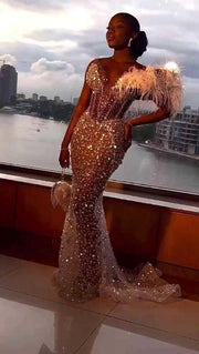 Sexy Mermaid One Shoulder With Feathered Sequined Rhinestones Prom Dress
