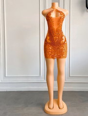 Luxury Sparkly Diamond Sheer Orange Beaded Cocktail Gown