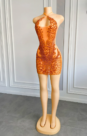 Luxury Sparkly Diamond Sheer Orange Beaded Cocktail Gown