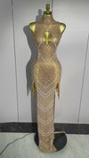 Avielle Sparkle Gold Rhinestones Chains Pearls Long Dress