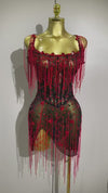 Kahlaya Luxury Sparkly Crystals Tassels Chains Red Sexy See Through Mini Dress
