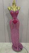 Flori Luxury Sexy Pink Sparkly Rhinestones High Split Backless Dress