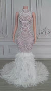 Tiffany White Crystal Feather Prom Dress