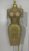 Kenzlee Luxury Shining Diamonds Tassel Sexy Mesh See Through Dress