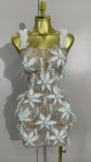 Ailaya Sexy Sparkly Diamond White Flower Feathers Mini Dress