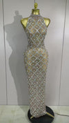 Reign luxury sparkly diamonds mesh long dress with shimmering sequins and sheer fabric.