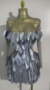 Luxury transparent mesh mini dress with sparkly diamond embellishments and 3D acrylic leaf design for women.