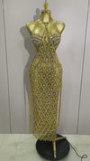 Vee Gold Rhinestones Sleeveless Mesh Two Piece Long Dress