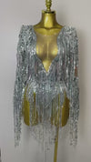 Taylise Flashing Sequins Tassels Sexy See-Through Sheath Bodysuit