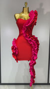One Shoulder Red Ruffles Bodycon Dress