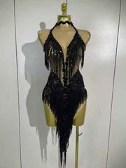 Sexy 2026 Latin Dance Outfit, New Sheer Mesh Dress with Sequins and Fringe for Women, Bar, Club, Performance, Party, Stage Costume