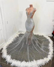 Feather Beading Mermaid Prom Dress