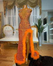 Orange Sequin Prom Dresses Sparkly Rhinestone Split Feather Evening Dress Sheer Neck