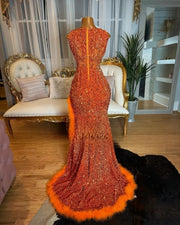 Orange Sequin Prom Dresses Sparkly Rhinestone Split Feather Evening Dress Sheer Neck