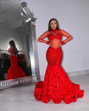 High Neck Prom Dresses Long Sleeves Beaded Red Mermaid Evening Gowns Rose Flowe Train robe