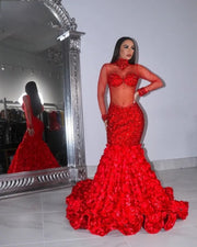 High Neck Prom Dresses Long Sleeves Beaded Red Mermaid Evening Gowns Rose Flowe Train robe