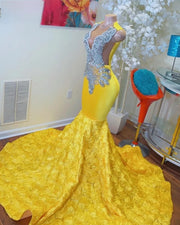 Luxury Yellow Prom Dresses 2023 Rhinestone Beading Sequin Mermaid Evening Gown