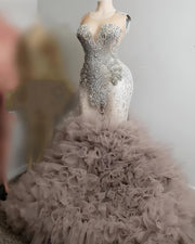 Luxury Crystal Mermaid Prom Dresses 2023 Scoop Sleeveless Ruffles Skirt Plus Size Party Gown