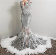 Silver Feathered Prom Dress