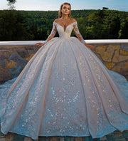 Long Sleeve Sequins Puffy Ball Gown  Wedding Dress