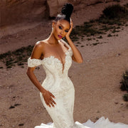 Sexy Mermaid Wedding Dresses Exquisite Crystal Beading Off The Shoulder Ruffles Train Bride Gowns Robe De Mariée L28W