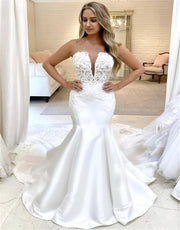 Sexy Wedding Dresses Mermaid Strapless Satin Lace Appliques Crystal Luxury Elegant Formal Bride Dress Custom Made DE41