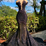 Black Crystal Rhinestone Prom Dress Illusion Open Back with Zipper Closure Low Cut Neckline w/ Skin Tone Mesh Gown