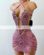 Luxury Sparkly Diamond Women Birthday Party Formal Gowns Halter Sleeveless Pink Diamond Short Prom Dresses