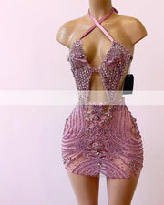 Luxury Sparkly Diamond Women Birthday Party Formal Gowns Halter Sleeveless Pink Diamond Short Prom Dresses