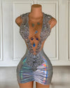 Mannequin Wearing a Luxury Sheer Neck Rhinestone Sequin Birthday Dress, Designed for Sparkling Birthday Celebrations